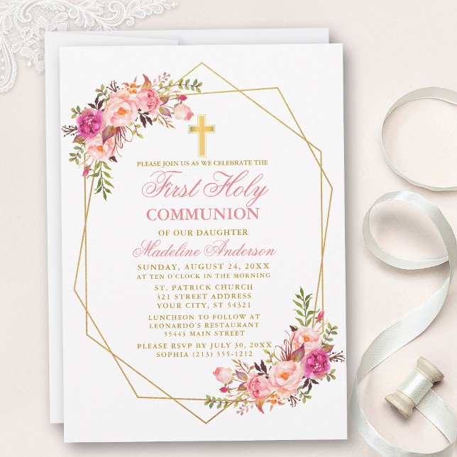 Watercolor Pink Blush Floral Geo Frame Communion Invitation (Customize to change text size, color, style or to add more text and photos to back of card.)