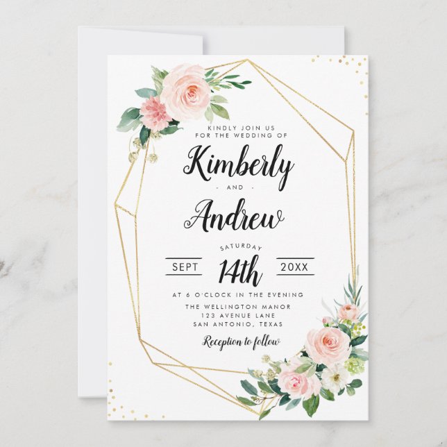 Watercolor pink blush floral geometric wedding invitation (Front)
