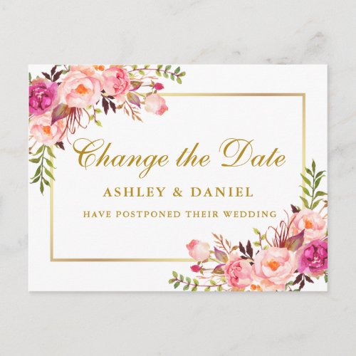 Watercolor Pink Blush Floral Gold Change The Date Postcard