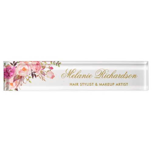 Watercolor Pink Blush Floral Gold Desk Name Plate