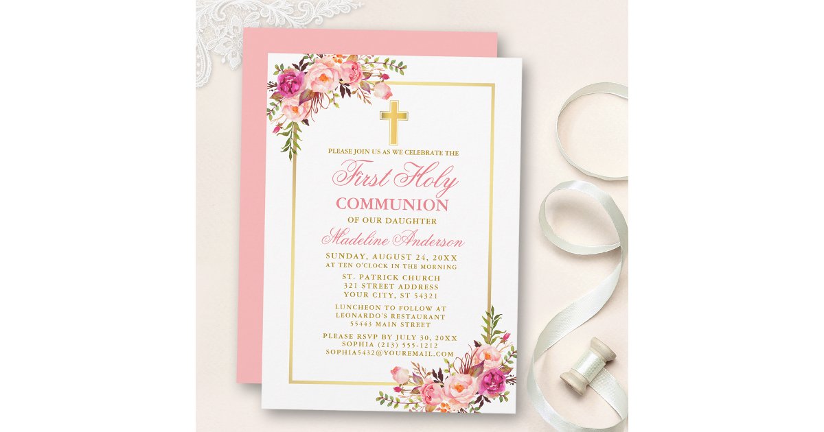 Watercolor Pink Blush Floral Gold First Communion Invitation | Zazzle