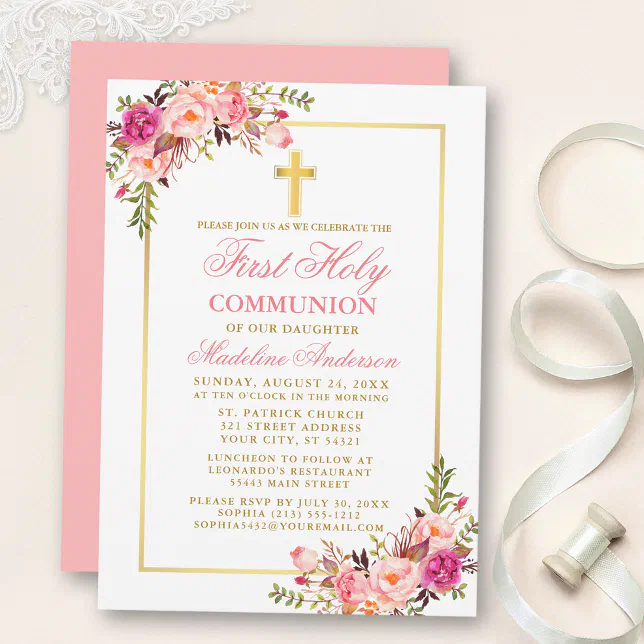 Watercolor Pink Blush Floral Gold First Communion Invitation | Zazzle