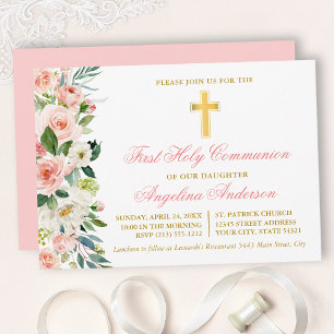 Watercolor Pink Blush Floral Gold First Communion Invitation