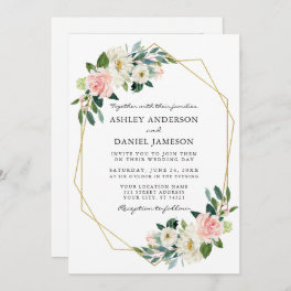 Watercolor Pink Blush Floral Gold Frame Photo Invitation