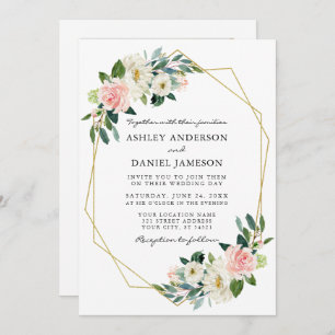 Watercolor Pink Blush Floral Gold Frame Photo Invitation