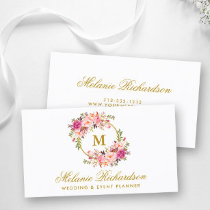 Watercolor Pink Blush Floral Gold Monogram Business Card
