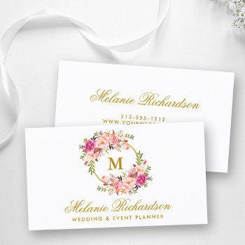 Watercolor Pink Blush Floral Gold Monogram Business Card by PearlBay at Zazzle