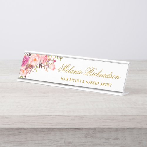Watercolor Pink Blush Floral Gold Name Plate