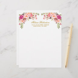 Watercolor Pink Blush Floral Gold Personalized  Letterhead