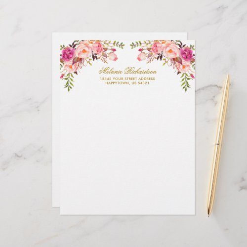 Watercolor Pink Blush Floral Gold Personalized  Letterhead