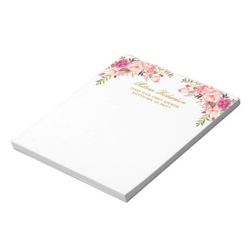 Watercolor Pink Blush Floral Gold Personalized  Notepad