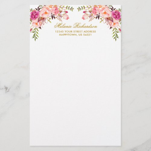 Watercolor Pink Blush Floral Gold Personalized  Stationery