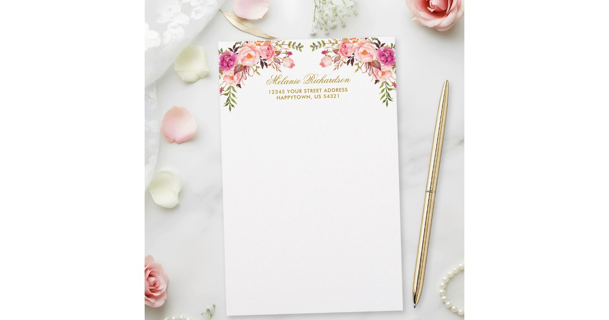 Watercolor Pink Blush Floral Gold Personalized Stationery | Zazzle