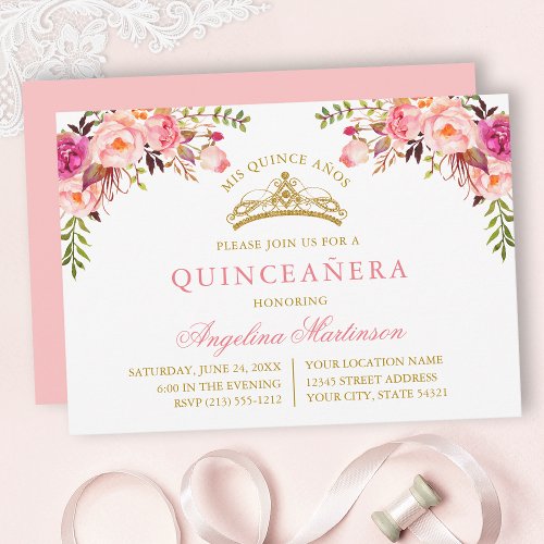 Watercolor Pink Blush Floral Gold Quinceanera