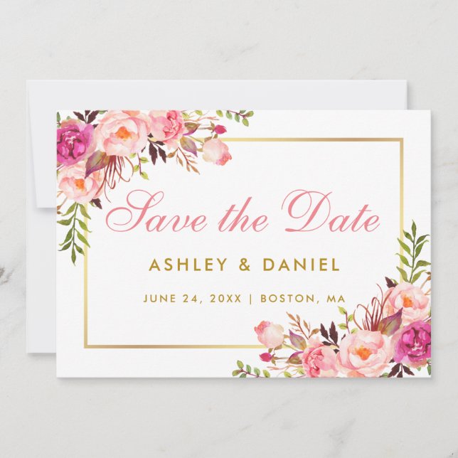 Watercolor Pink Blush Floral Gold Save The Date (Front)