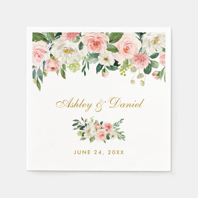 Watercolor Pink Blush Floral Gold Wedding Napkins (Front)