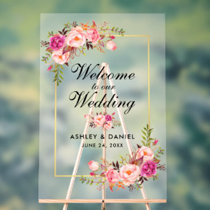 Watercolor Pink Blush Floral Gold Wedding Welcome Acrylic Sign