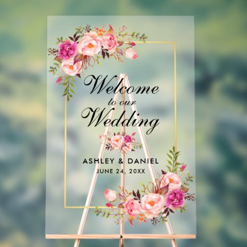 Watercolor Pink Blush Floral Gold Wedding Welcome Acrylic Sign