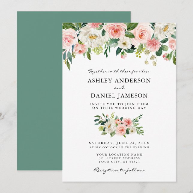 Watercolor Pink Blush Floral Greenery Wedding Invitation (Front/Back)
