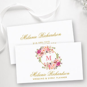 Watercolor Pink Blush Floral Monogram Gold Business Card