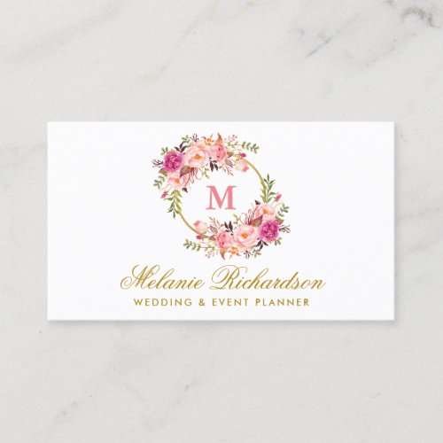 Watercolor Pink Blush Floral Monogram Gold Business Card