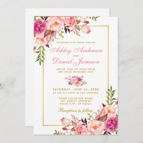 Watercolor Pink Blush Floral Photo Gold Wedding Invitation