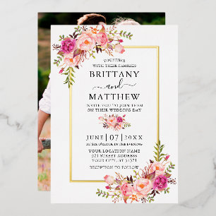 Watercolor Pink Blush Floral Photo Wedding Gold Foil Invitation