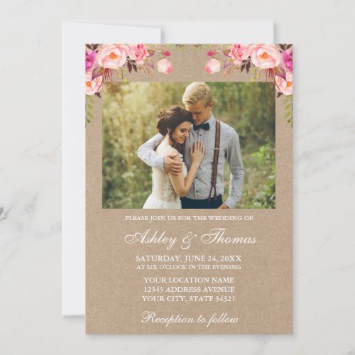 Watercolor Pink Blush Floral Photo Wedding Kraft Invitation