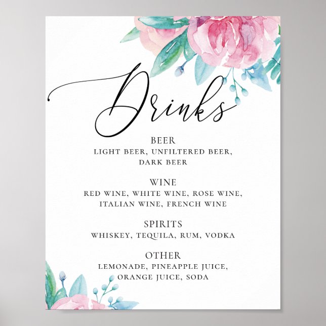 Watercolor pink blush floral script wedding drinks poster (Front)