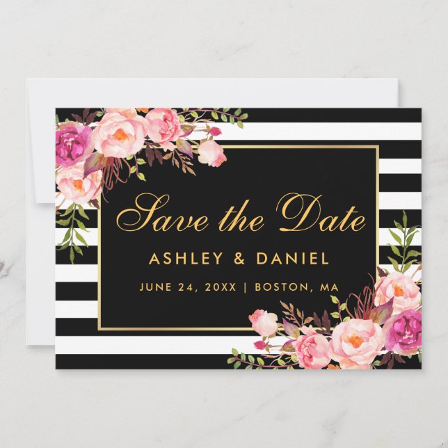 Watercolor Pink Blush Floral Striped Save The Date (Front)