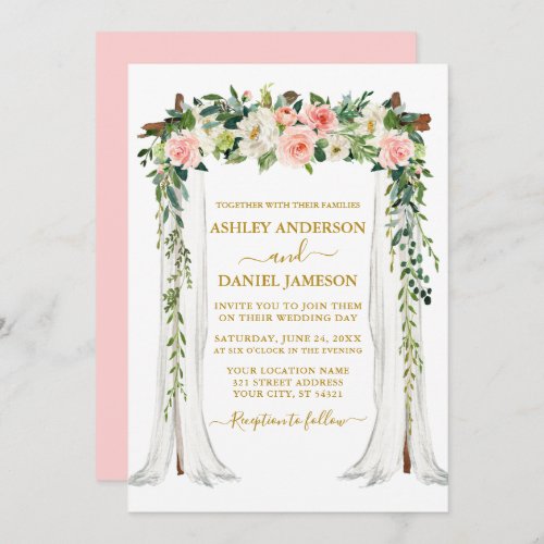 Watercolor Pink Blush Floral Wedding Canopy Gold Invitation