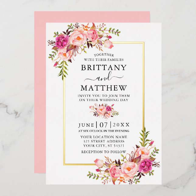 Watercolor Pink Blush Floral Wedding Gold Foil Invitation (Front/Back)