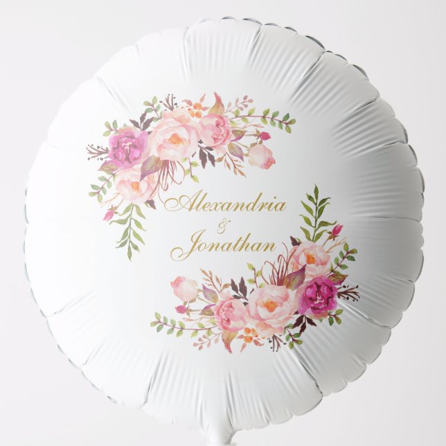 Watercolor Pink Blush Floral Wedding Gold Names Balloon (Front)