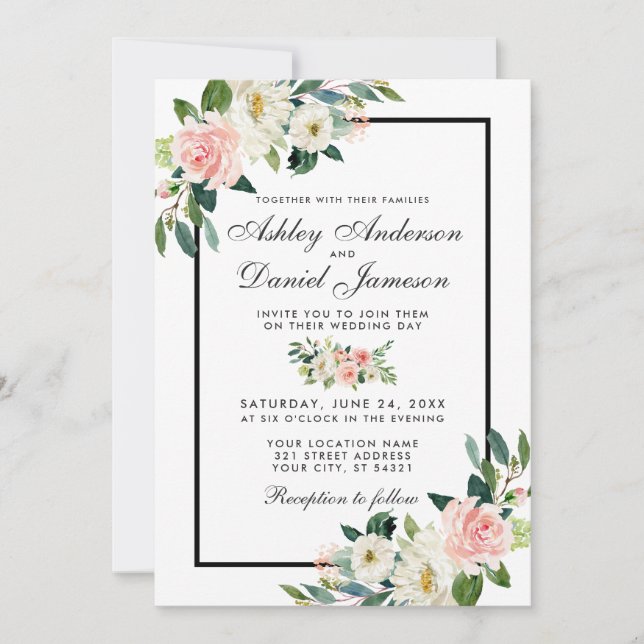 Watercolor Pink Blush Floral White Wedding Invitation (Front)