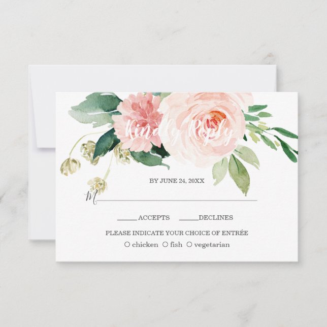 Watercolor Pink Blush Flowers Deep Aqua Wedding RSVP Card (Front)
