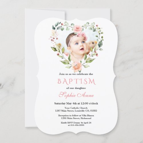 Watercolor Pink Blush Flowers Floral Photo Baptism Invitation