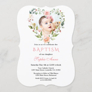 Watercolor Pink Blush Flowers Floral Photo Baptism Invitation