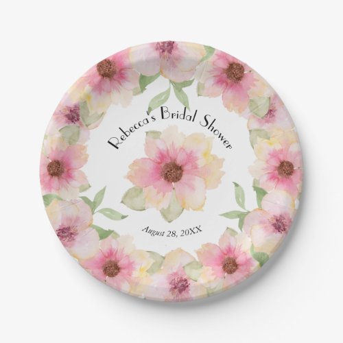 Watercolor Pink Blush Flowers Paper Plate