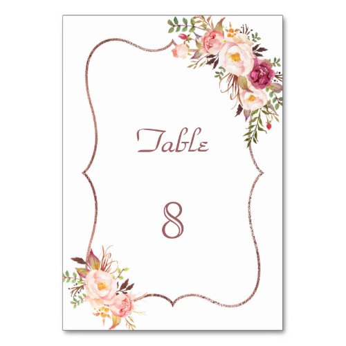Watercolor Pink Blush Flowers Rose Gold Baptism Table Number