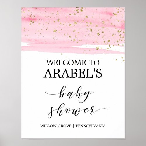 Watercolor Pink Blush  Gold Baby Shower Welcome Poster