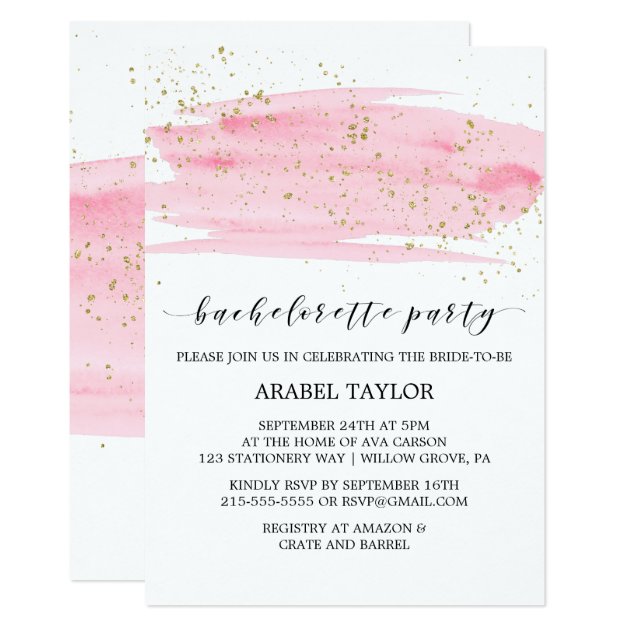 Watercolor Pink Blush & Gold Bachelorette Party Invitation