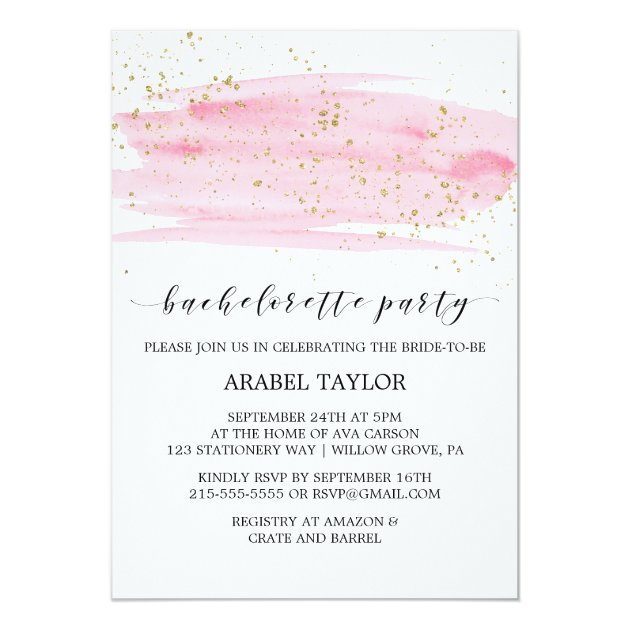 Watercolor Pink Blush & Gold Bachelorette Party Invitation