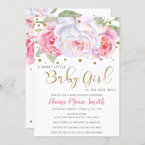 Watercolor Pink Blush Gold Floral Girl Baby Shower Invitation