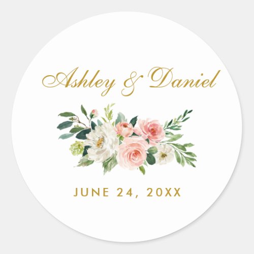 Watercolor Pink Blush Gold Floral Wedding Classic Round Sticker