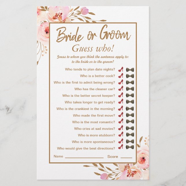 Watercolor Pink Blush Gold Rose Bridal Shower Game (Front)