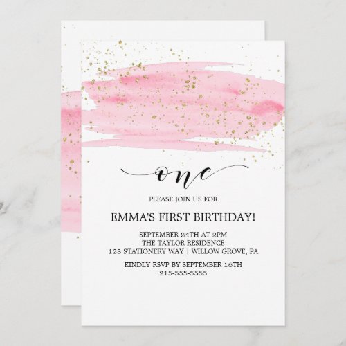 Watercolor Pink Blush  Gold Sparkle 1st Birthday Invitation