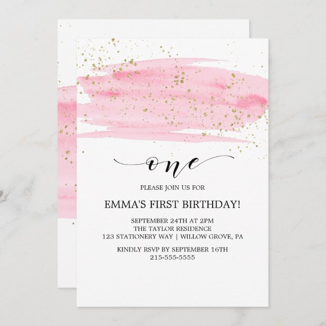 Watercolor Pink Blush & Gold Sparkle 1st Birthday Invitation (Front/Back)