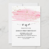 Watercolor Pink Blush & Gold Sparkle 1st Birthday Invitation (Front)
