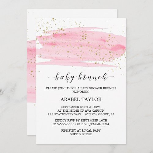 Watercolor Pink Blush  Gold Sparkle Baby Brunch Invitation