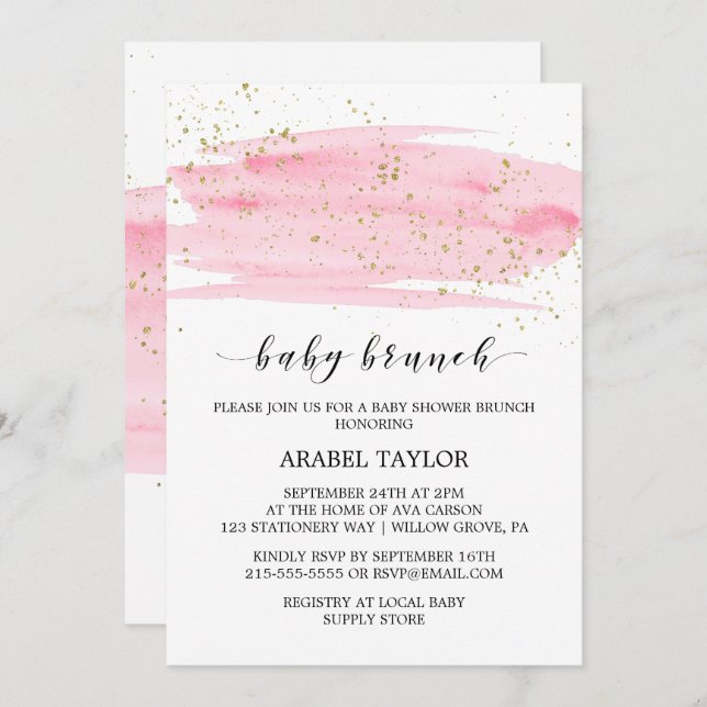 Watercolor Pink Blush & Gold Sparkle Baby Brunch Invitation (Front/Back)